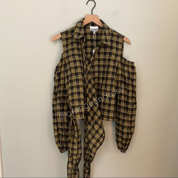 NWT GANNI Green Black Seersucker Wrap Collar Top M - Picture 8 of 14